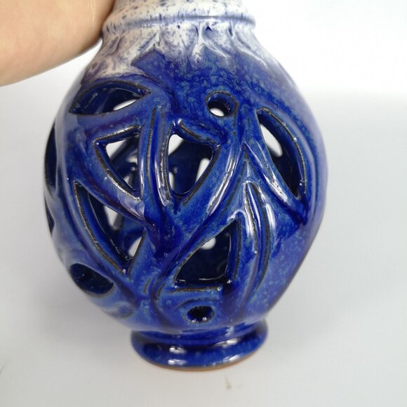 Pottery Lantern Blue And White Small Hanging Candle Holder Hand Made Signed - Picture 3 of 13